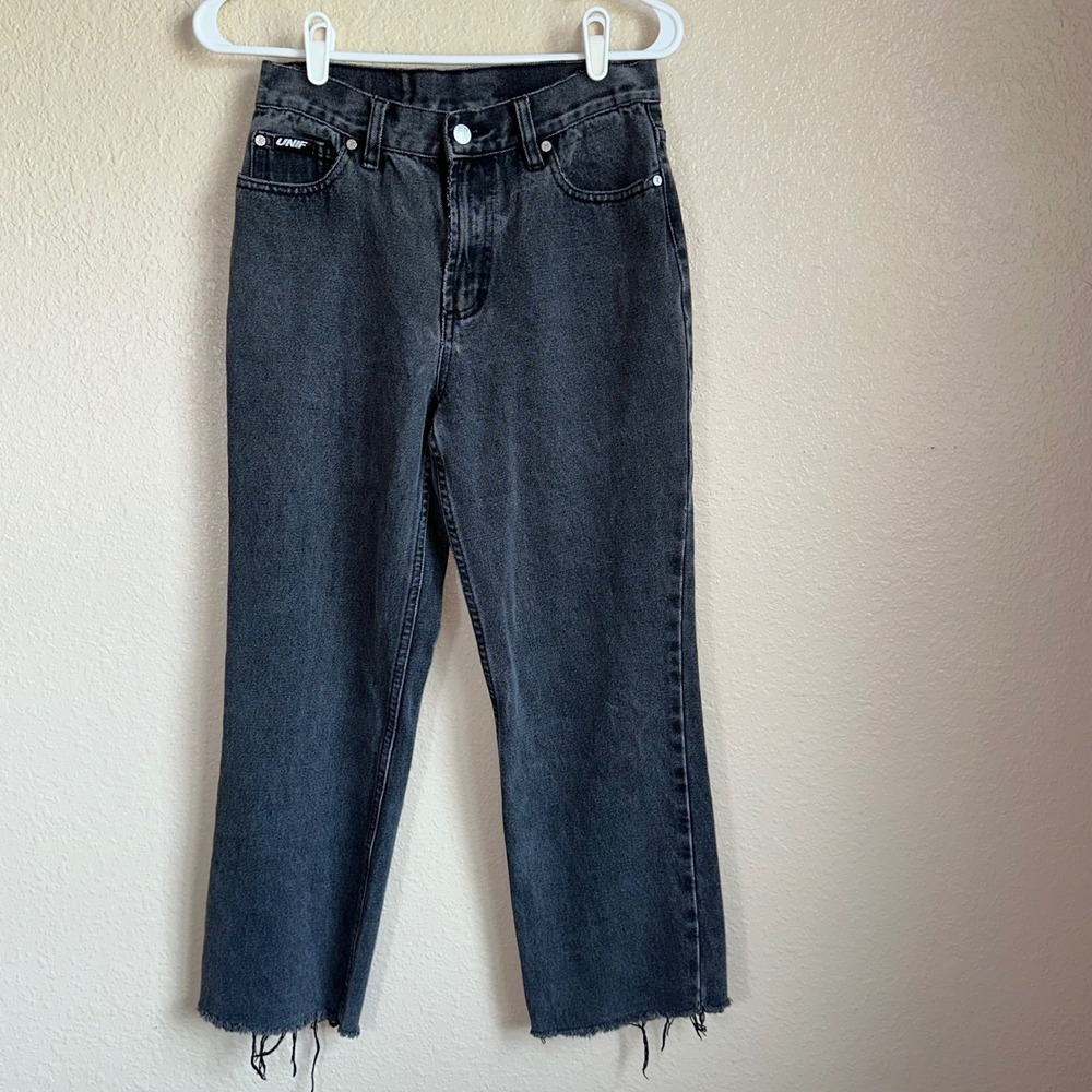 UNIF Washed Black High Waisted Raw Hem Straight Leg Jeans Size 27 100% Cotton - Picture 3 of 13